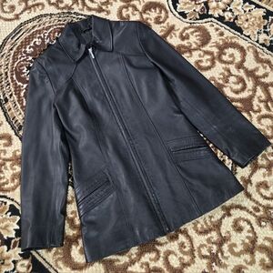 Classic Black Leather Jacket 90s Does 70s Retro Vintage Zip Up Coat With Pockets